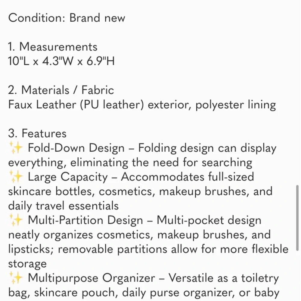 PU Leather Large Capacity Cosmetic Bag with Fold-Down Design and Adjustable